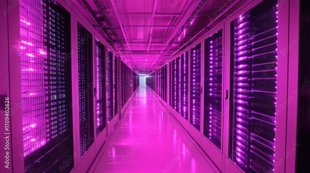 Poster led-lit server racks in a dimly lit data center, illustrating the future of internet infrastructure 