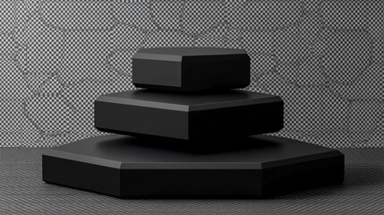 Minimalistic black hexagonal multi-tier display with sleek, stacked platforms