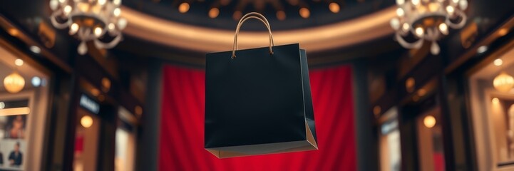 This versatile mockup showcases a black shopping bag floating in a colorful and bustling shopping mall environment. The blurred background of shops, lights, and decorations creates a dynamic.