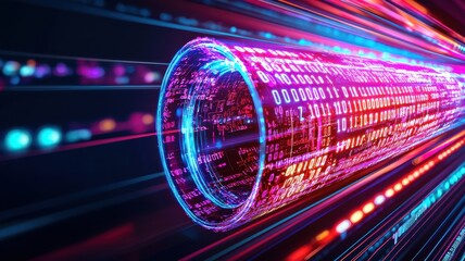 Dynamic digital data stream with vibrant colors and binary code visual effects.