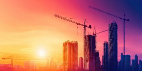 Fototapeta premium Dynamic skyline silhouettes during sunset with construction cranes and vibrant colors.