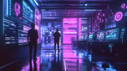 Two figures stand in a futuristic, neon-lit server room, observing large screens displaying code and data streams.