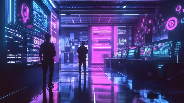 Two figures stand in a futuristic, neon-lit server room, observing large screens displaying code and data streams.