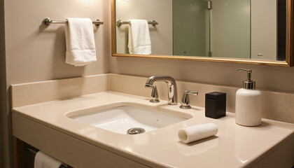 Fototapeta premium Modern bathroom setting featuring elegant fixtures and minimalistic design in a serene atmosphere