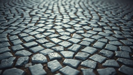 Close-up of a cobblestone street, showcasing the intricate pattern and weathered texture of the individual stones, creating a visual journey through time and urban history.