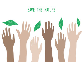 Obraz premium Silhouettes of human hands reaching up for green leaves.The concept of ecology, let's save nature together. Volunteers of different races save the environment. Suitable for posters, flyers, banners.