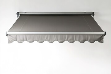 Retractable gray awning on plain background.