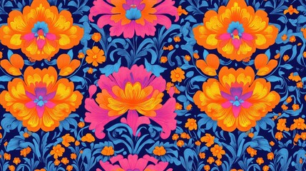 Vibrant seamless pattern showcasing a rainbow summer theme with traditional motifs orange pink and blue textile design
