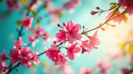 Fototapeta premium Delicate Pink Blossoms Against a Soft Blue Sky, Capturing the Essence of Spring's Gentle Arrival