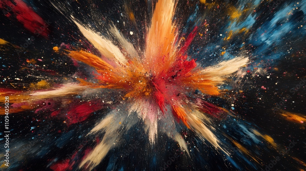 Poster multicolor paint splatter forms a dynamic and creative explosion, ideal for bold abstract visuals