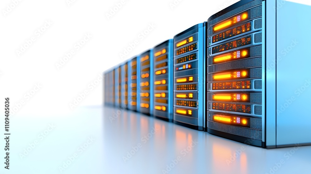 Poster blinking lights on futuristic data server rack against clean white background