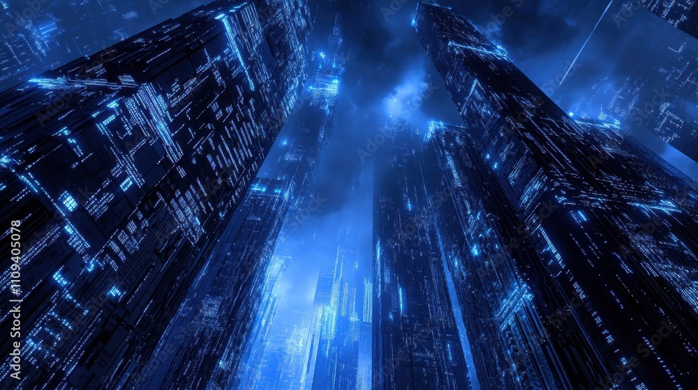 Poster modern skyscrapers with digital light trails, showcasing the integration of cloud computing in urban