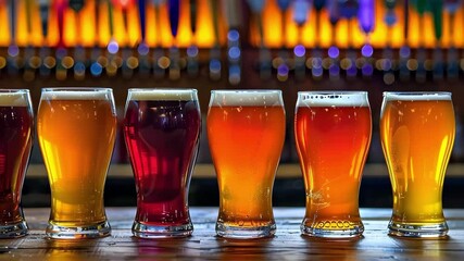 A lineup of different types of beer in glass mugs, showcasing a variety of colors and styles.