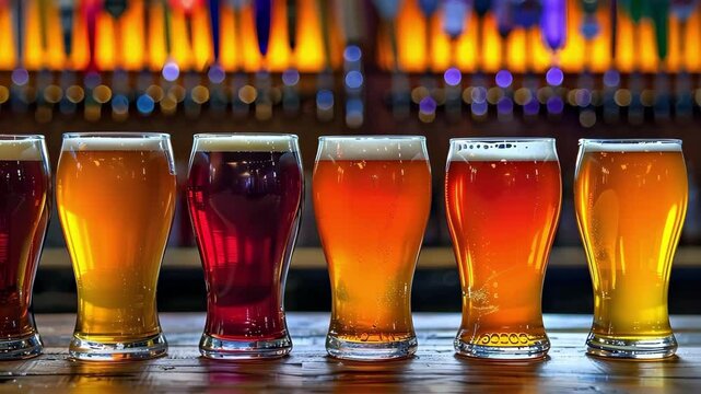 A lineup of different types of beer in glass mugs, showcasing a variety of colors and styles.