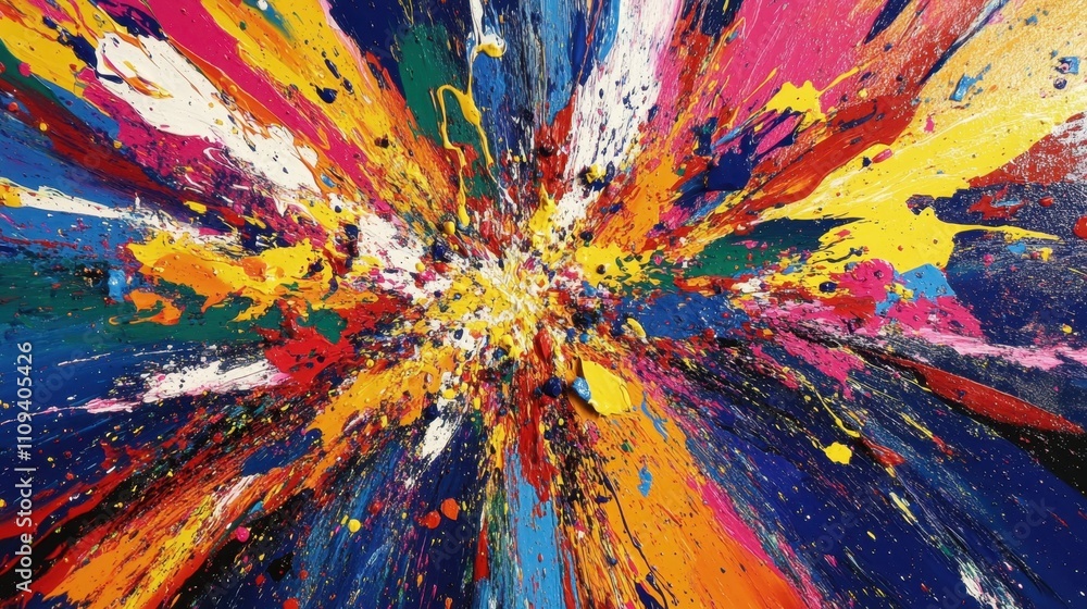 Poster multicolor paint splatter forms a dynamic and creative explosion, ideal for bold abstract visuals
