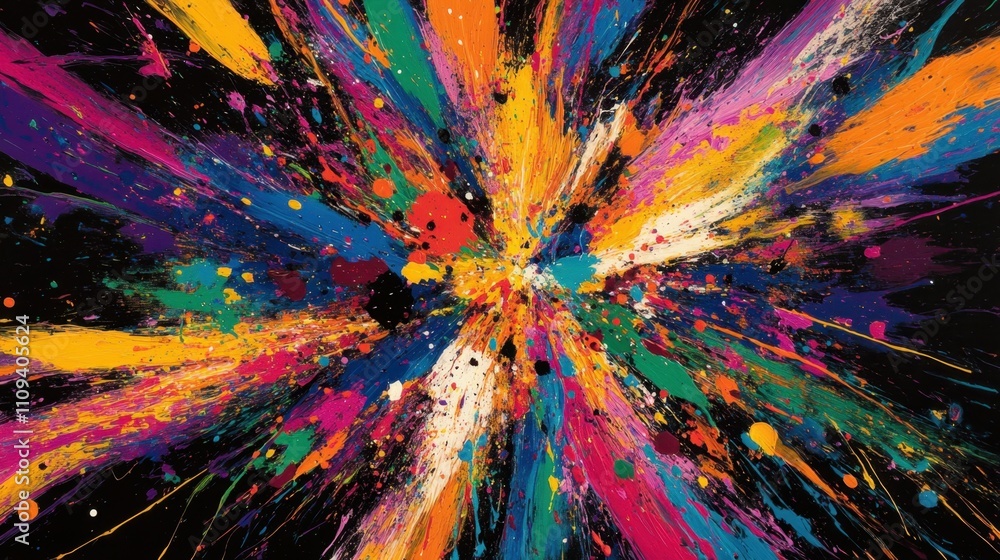 Poster multicolor paint splatter forms a dynamic and creative explosion, ideal for bold abstract visuals