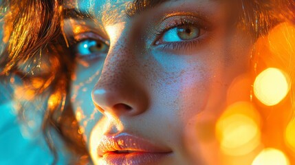 Obraz premium Close-up portrait of a beautiful young woman with orange and blue lighting