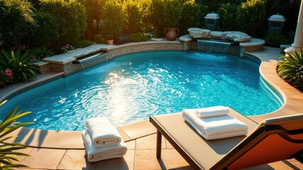 Relaxing by the pool with a stack of towels on a lounge chair, surrounded by lush greenery and a cascading waterfall.