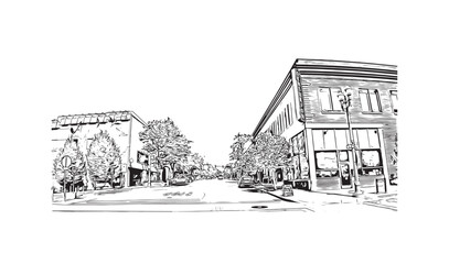 Print Building view with landmark of Vancouver is the city in USA. Hand drawn sketch illustration in vector.