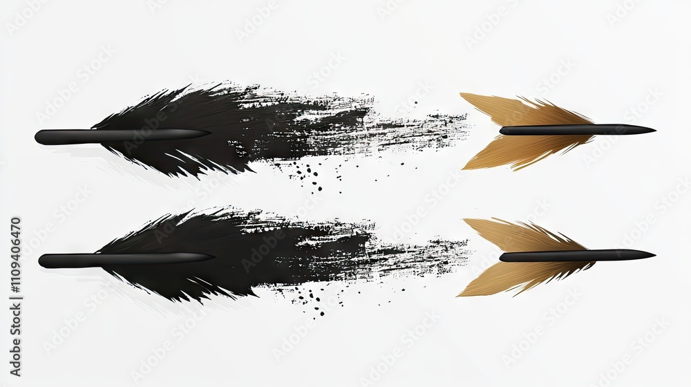 Poster artistic depiction of arrows with trailing paint strokes in black and gold colors, creating a dynami