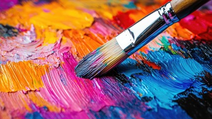 Fototapeta premium A close-up of a paintbrush mixing vibrant colors on a palette.