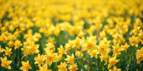 Fototapeta premium A field of bright yellow daffodils in full bloom, basking in the warm sunlight, creating a vibrant and cheerful springtime scene.