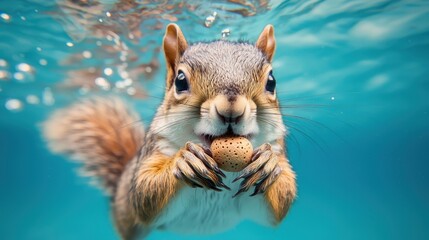 Obraz premium Squirrel Swimming Underwater with Nut in Its Mouth