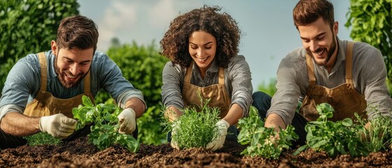 Three people joyfully gardening and planting herbs in a sunny outdoor setting.