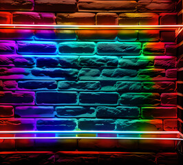 Fototapeta premium Futuristic Sci Fi Elegant Modern Neon Glowing Rectangle Frame Shaped Lines Pipes Purple Pink Blue Colored Lights in Dark Empty Grunge Concrete Brick Room Background Render Illustration.generative ai