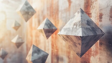 A conceptual art piece featuring floating geometric shapes.