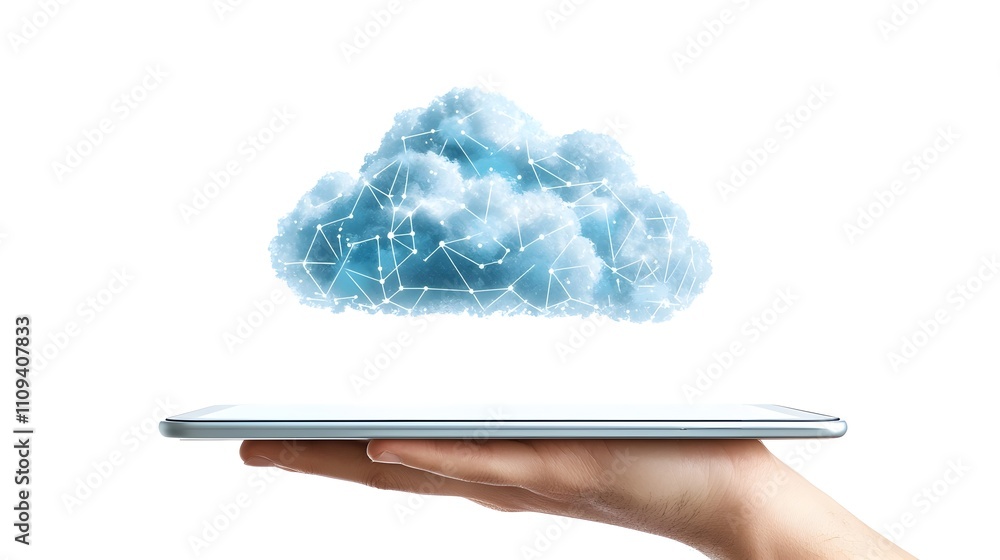 Poster cloud computing interface on digital tablet with clean white background
