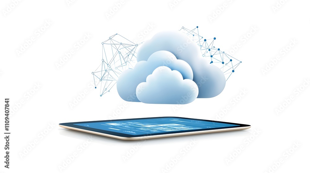 Poster cloud computing interface on digital tablet with clean white background