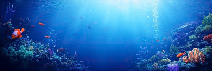 underwater coral reef landscape super wide banner background in the deep blue ocean with colorful fish and marine life.