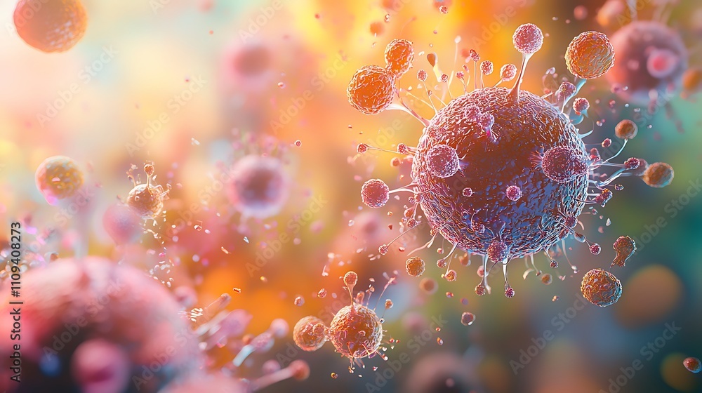 Poster microscopic view of viruses showcasing intricate structures and vibrant colors against a blurred bac