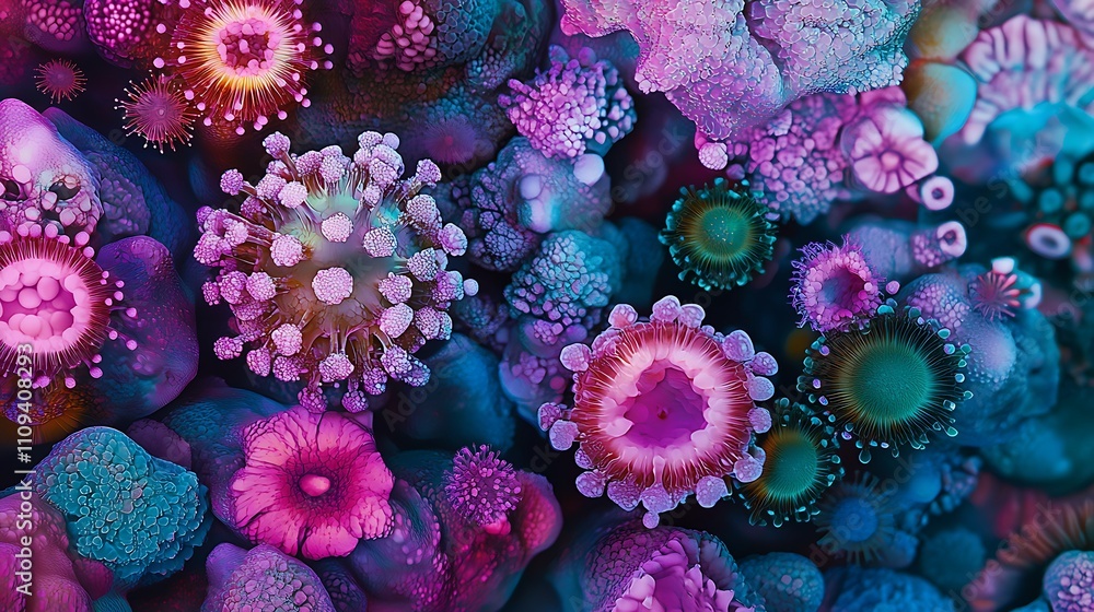 Poster microscopic view of colorful viruses showcasing diverse shapes and structures under high magnificati