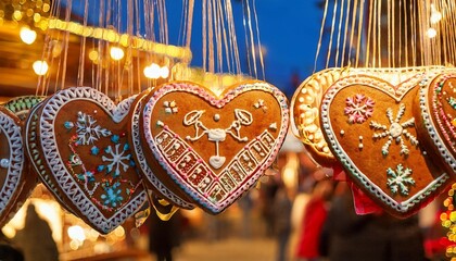 heart shape christmas gingerbread cookie at a christmas market illuminated at night in december