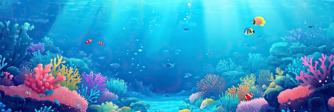 underwater coral reef landscape super wide banner background in the deep blue ocean with colorful fish and marine life.