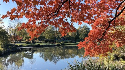 Vibrant red maple leaves frame a serene autumn pond reflecting trees and sky.