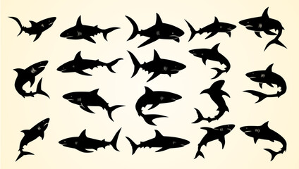 Silhouettes of sharks in various dynamic poses, showcasing their power and aquatic elegance.