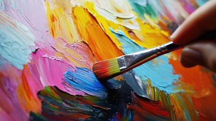 Obraz premium Close-up of a hand using a brush to apply vibrant paint on canvas, showcasing vivid colors and artistic expression.