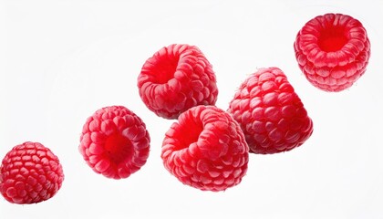 Fresh Ripe Raspberries Flying in the Air: Isolated on White Background