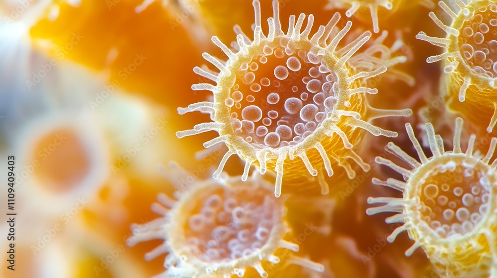 Poster coral polyps observed under a microscope with clear details of their structure and surroundings in a