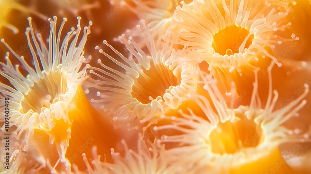 Poster close-up view of coral polyps revealing intricate structures and vibrant colors beneath microscope