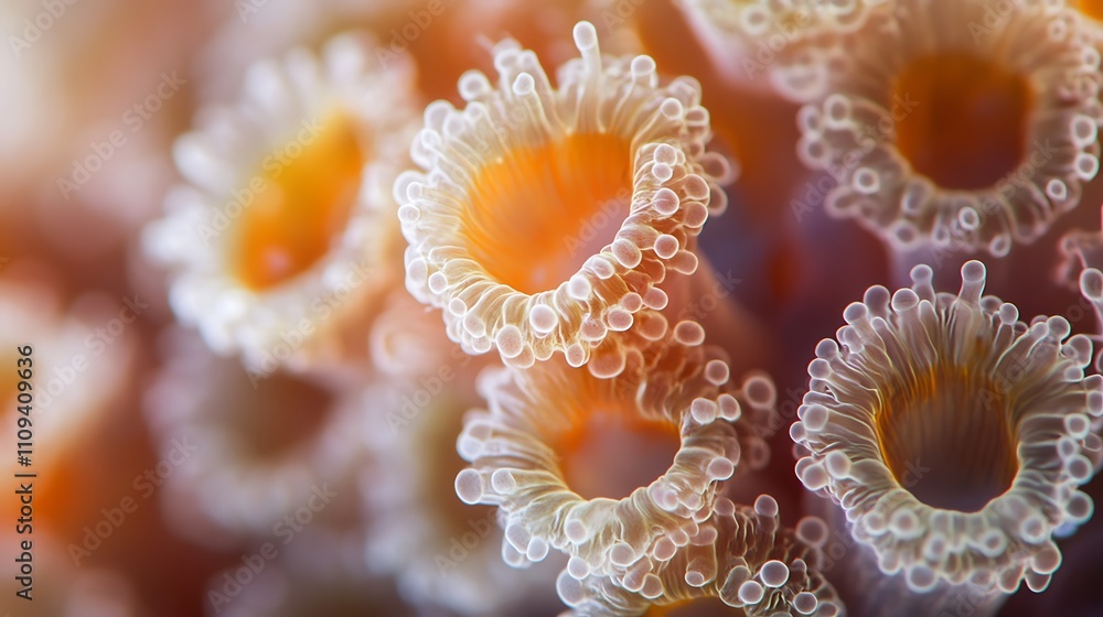 Poster close-up view of coral polyps under microscope reveals intricate structures and vibrant colors durin
