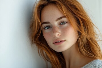 Naklejka premium Serene Redhead Portrait Golden Bokeh Light, Freckles, Innocent Face