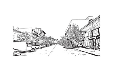 Print Building view with landmark of Vancouver is the city in USA. Hand drawn sketch illustration in vector.