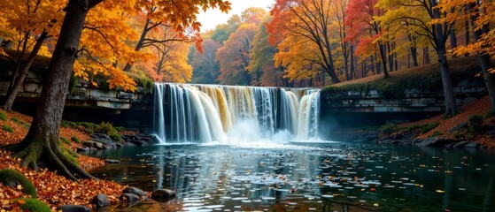 Autumn Huron River Waterfall Ann Arbor Foliage Scenic Landscape AI Art
