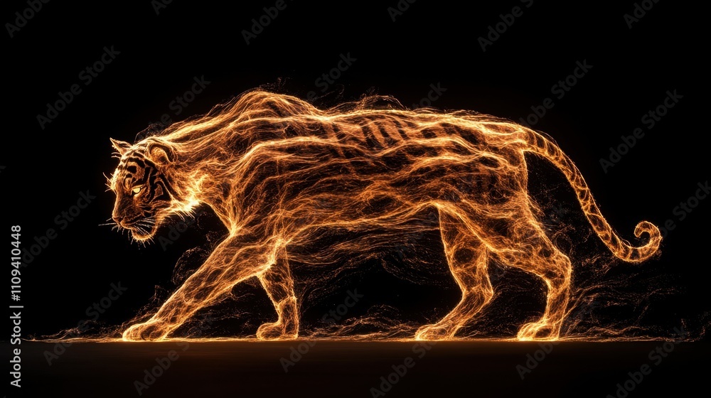Poster tiger, but instead of a solid form, it's composed of intricate, glowing lines that resemble fire or 