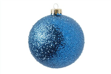 A blue glitter Christmas tree ball is isolated on a white background. Christmas decoration. New Year and Christmas holidays. Photorealistic design. Close-up