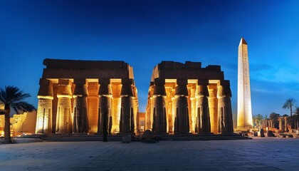facade of luxor temple and its obelisk illuminated at night in luxor egypt
